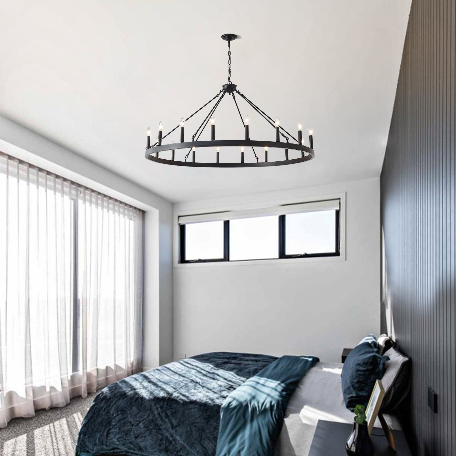53.15 Inch Matte Black Wagon Wheel Chandelier with 18 Lights