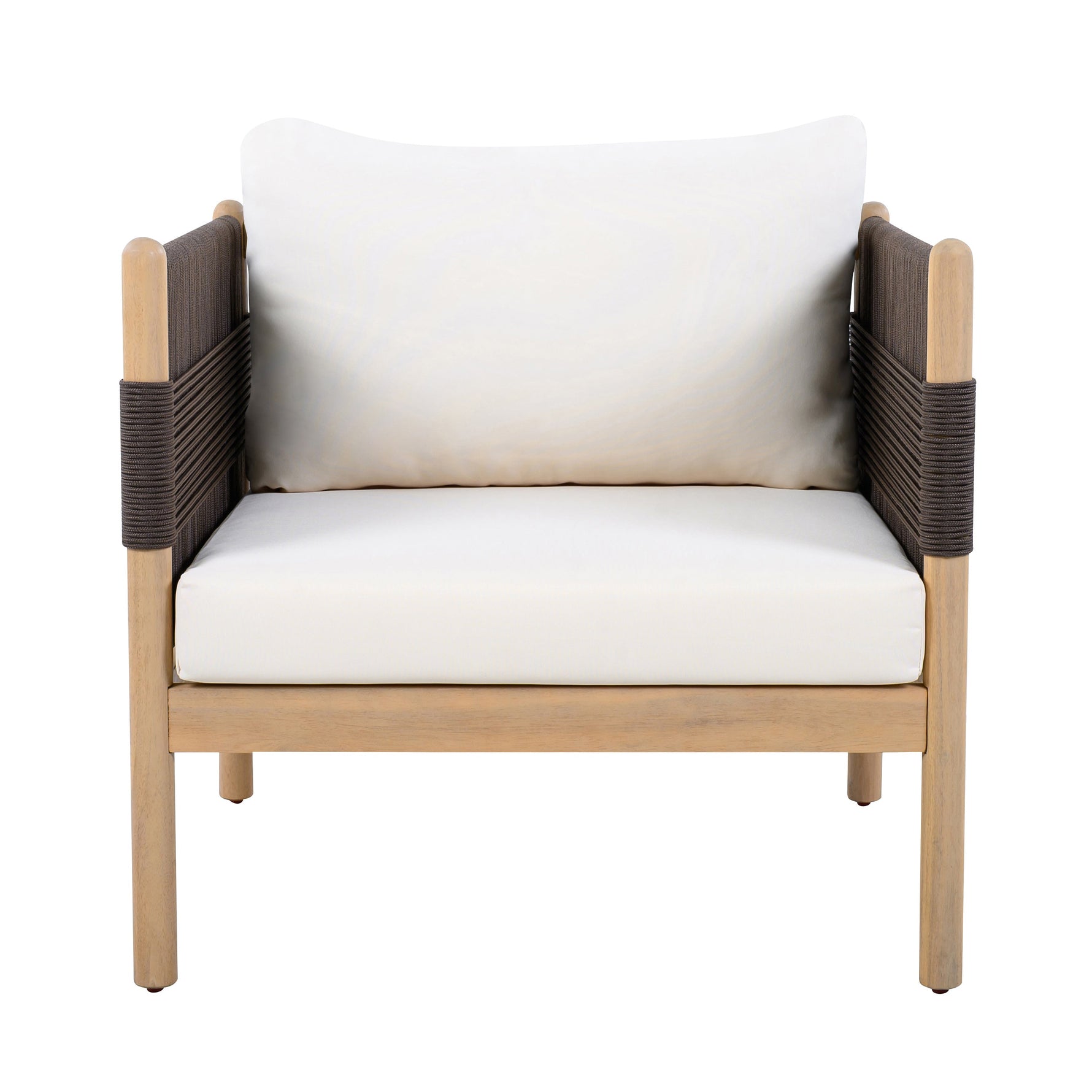 Outdoor Acacia Club Chairs (Set of 2) with Diamond-Pattern Black Rope, Light Teak Finish
