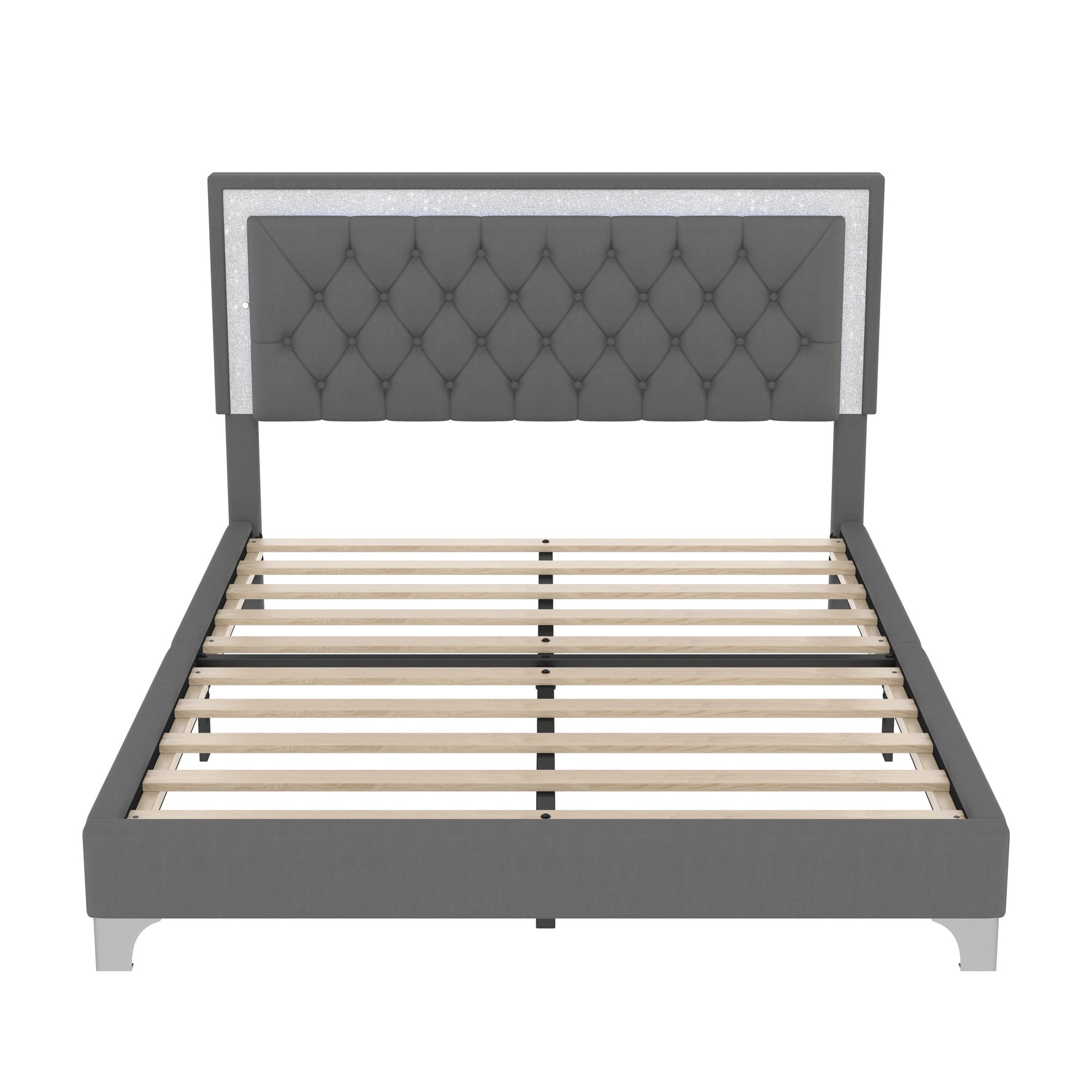 3-Pieces Bedroom Set, Queen Size Upholstered Platform Bed with LED Lights and Two Nightstands - Gray