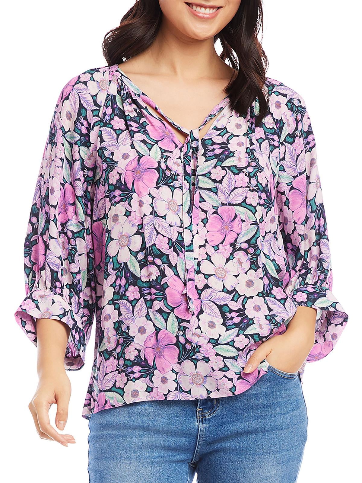 Karen Kane Floral Print Blouson Sleeve Top Gray Size XS
