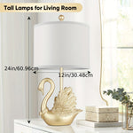 Two-piece Set of Golden Brass Swan Table Lamps with LED Bulbs
