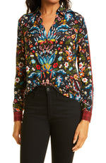 Alice + Olivia Eloise Button-Up Silk Blouse in Santa Monica Multi, Size X-Small