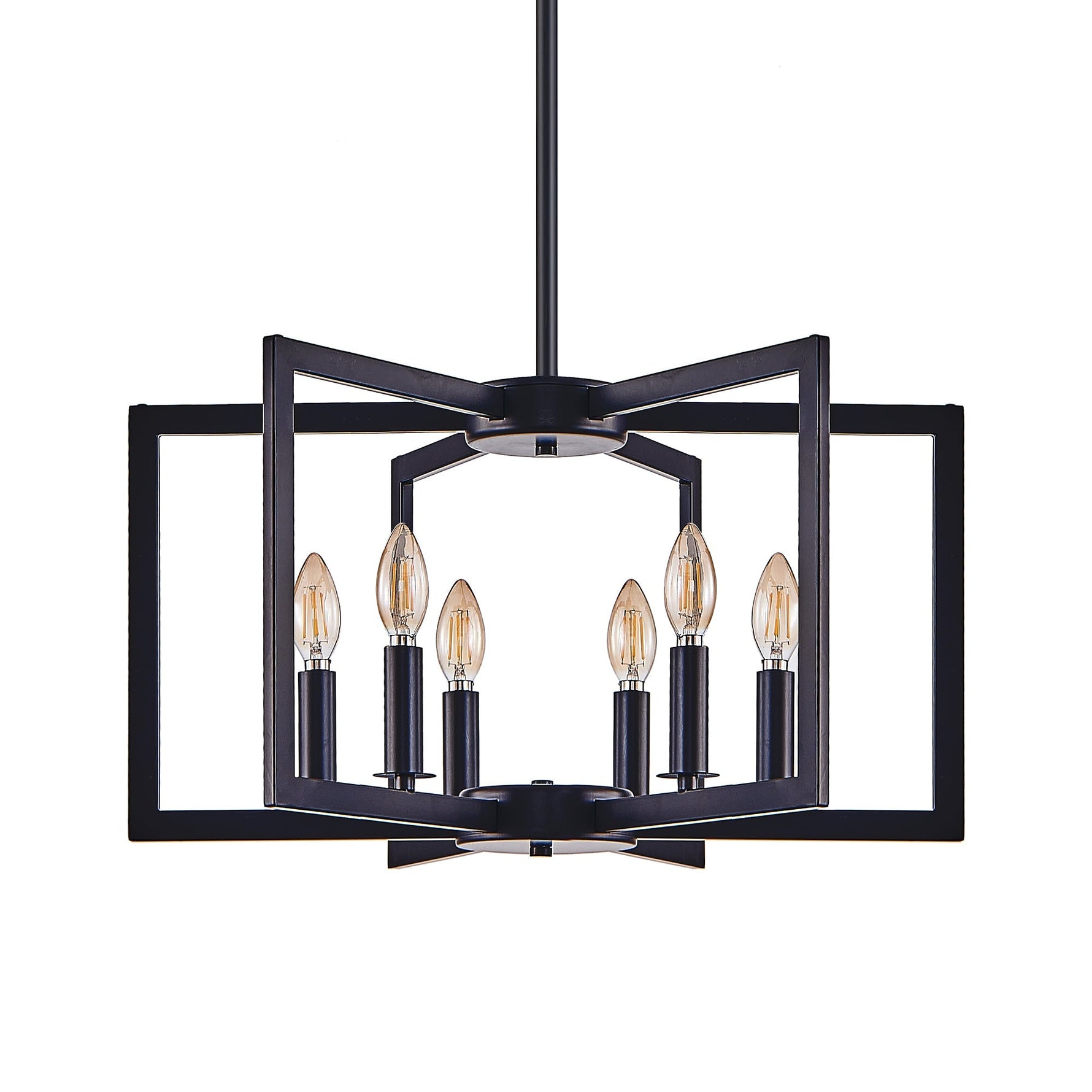 22' Modern Black Geometric 6-Light Chandelier – Industrial Metal Pendant Light Fixture for Living Room, Dining Room, or Kitchen (Bulb Not Included)