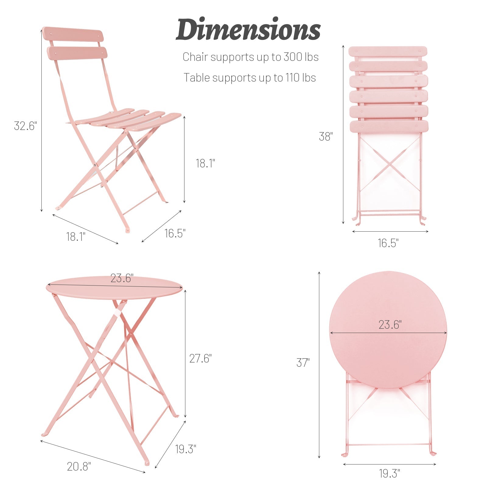 3 Pieces Patio Bistro Balcony Metal Chair Table Set - Pink