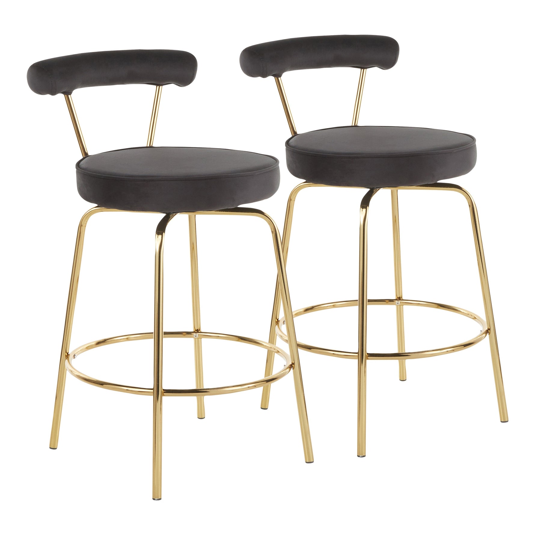 Rhonda Glam Counter Stool in Gold Metal and Black Velvet - Set of 2