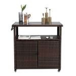Outdoor Wicker Bar Cart with Glass Top and Wheels - Light Brown