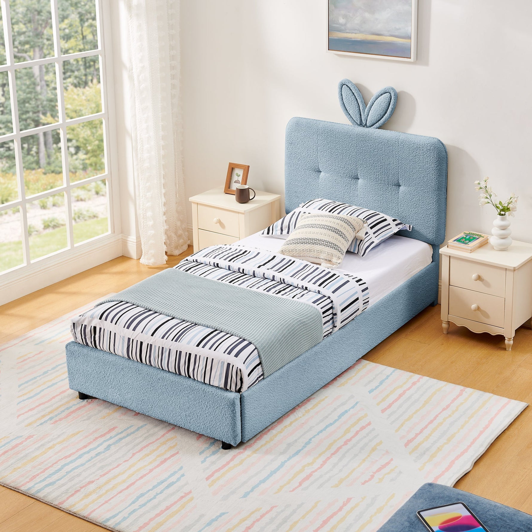 Twin Size Kids Upholstered Bed with Oversized Rabbit Ear Headboard