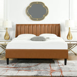 Aspen Vertical Tufted Modern Headboard Platform Bed Set, Queen, Caramel Tan Brown Faux Leather