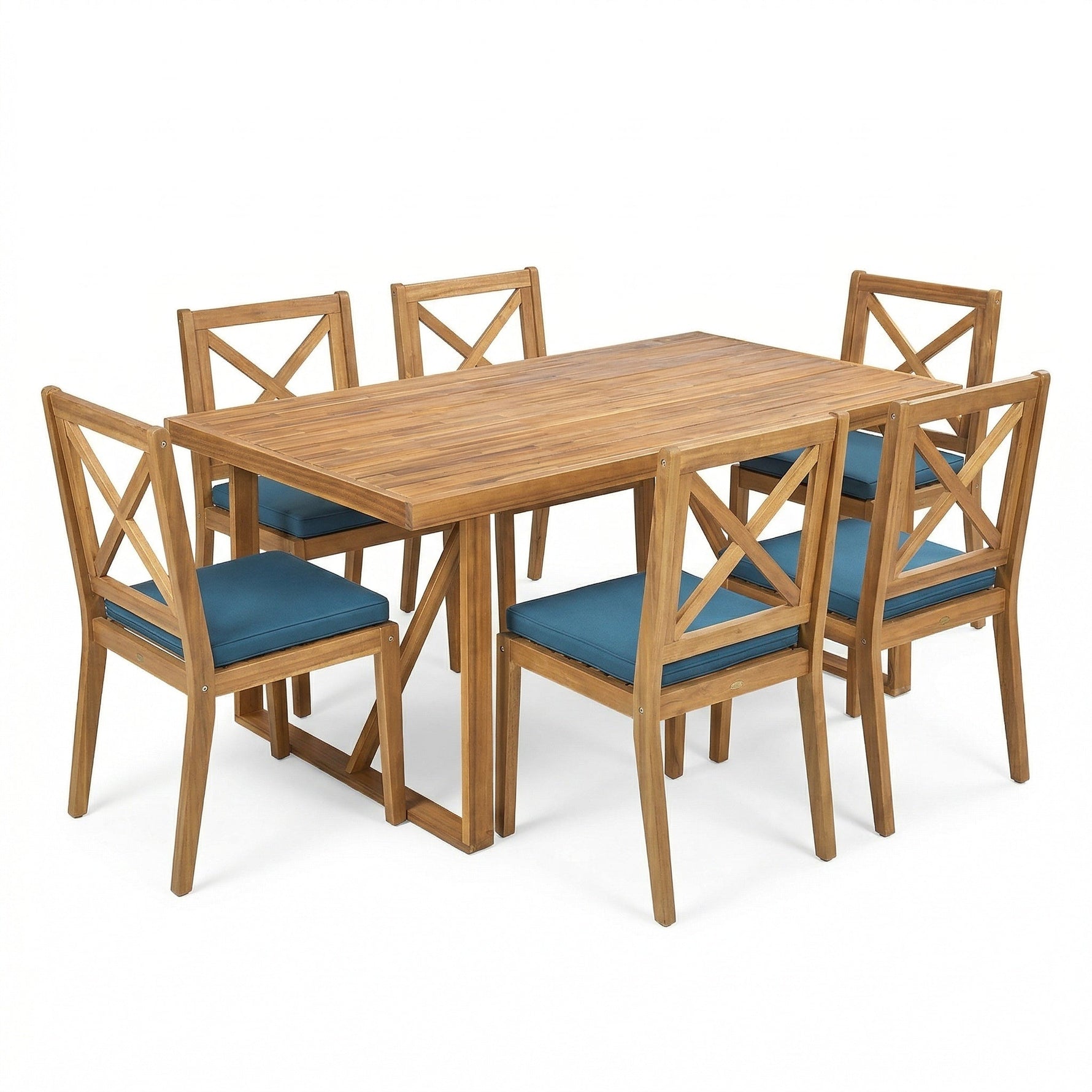 7 Pieces Acacia Wood Outdoor Dining Set with Blue Cushions