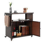Outdoor Wicker Bar Cart with Glass Top and Wheels - Light Brown
