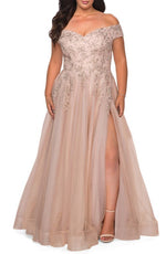 La Femme Lace & Tulle Off-Shoulder Gown in Champagne, Size 14W