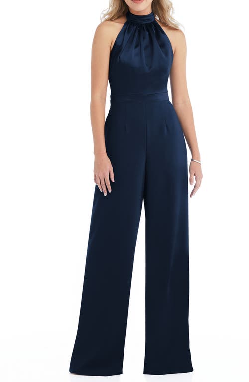 After Six Halter Neck Satin Charmeuse & Crepe Jumpsuit in Midnight, Size 6