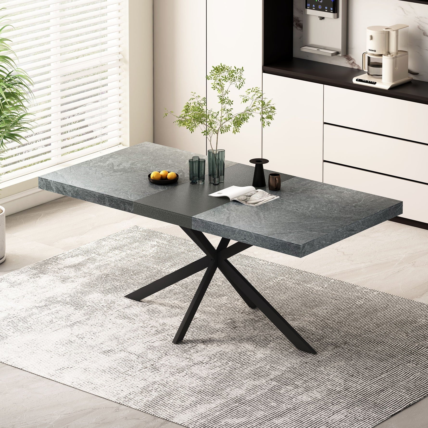 Rectangular Stretch Dining Table With 4 Chairs - Black / Gray
