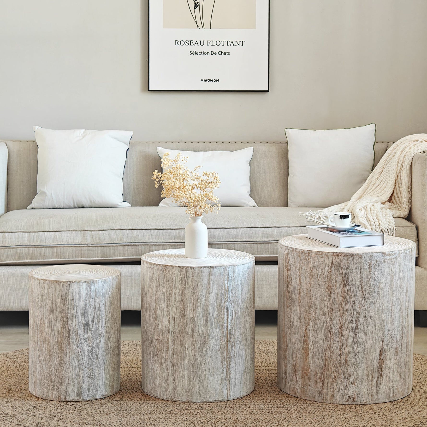 Set of 3 Rounded Wood Coffee Tables with Whitewashed Wood Finish