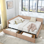 Mid-Century Storage Upholstered Tufted Bed Frame with Backrest and Armrests