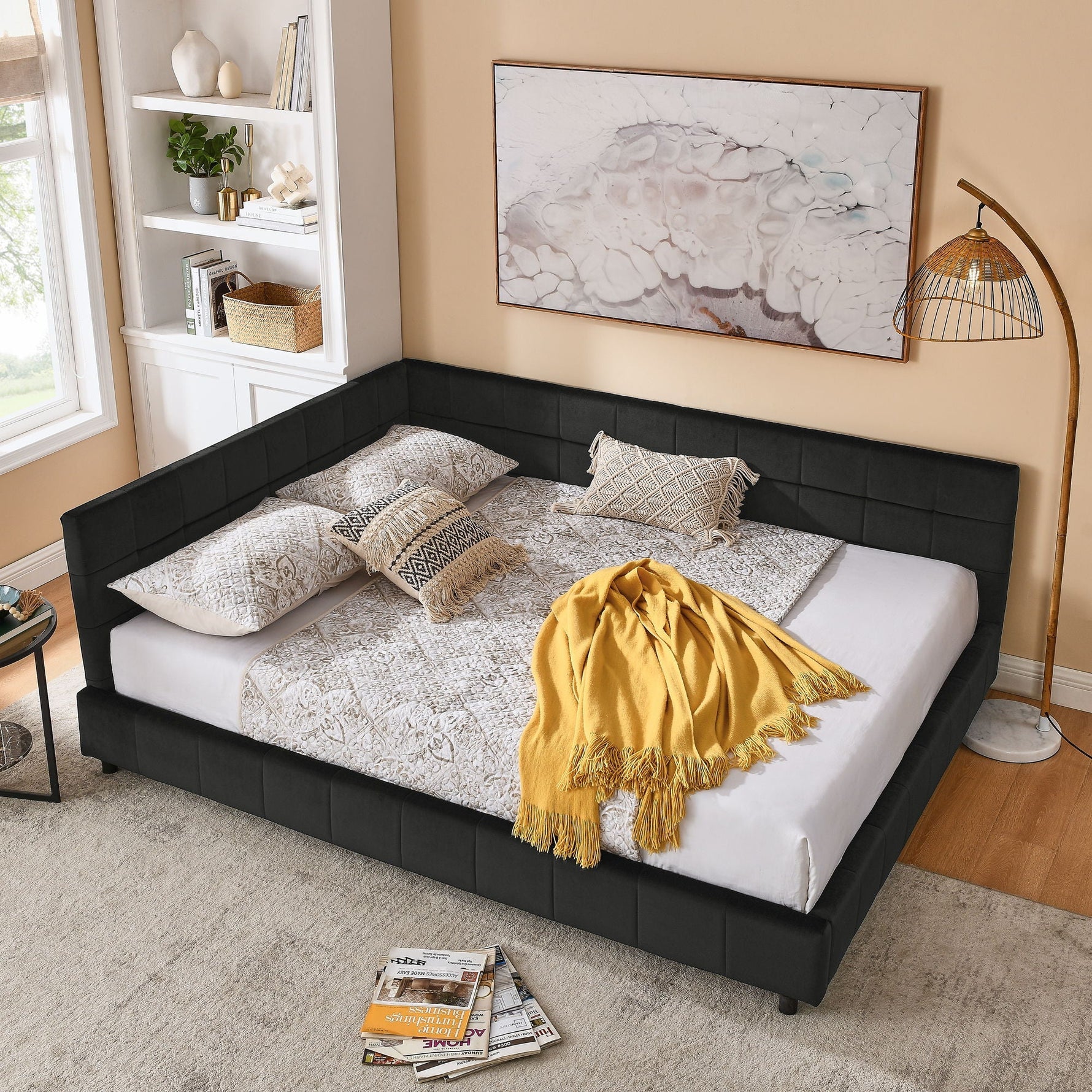 Mid-Century Storage Upholstered Tufted Bed Frame with Backrest and Armrests