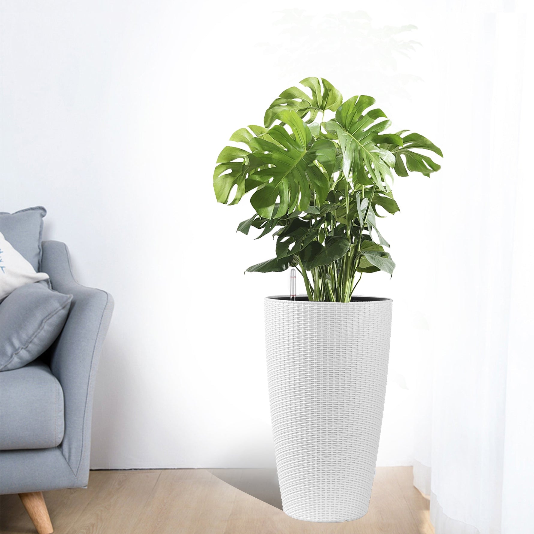 Set of 2 Faux Rattan Tall Planters with Automatic Watering System