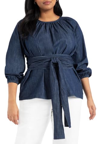 ELOQUII Women's Plus Size Dramatic Faux Wrap Top - 18, Dark Wash
