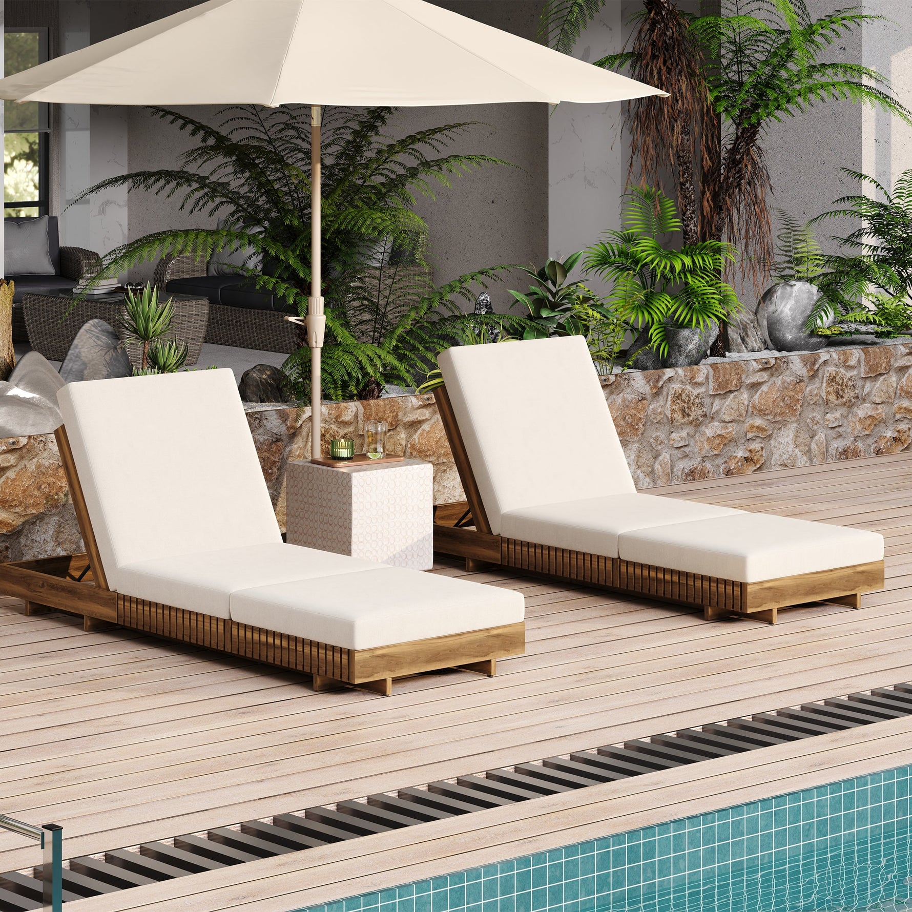 Lounge Chaise Set, Acacia Solid Wood with Cream Lounge Cushion