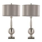 Joan 30" Contemporary Metal Table Lamp Set in Brushed Nickel with Grey Satin Shade - Set of 2