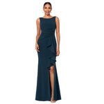 Betsy & Adam Women's Long Sleeveless Boat Neck Ruffle Side Slit Scuba Crepe Gown, Pine, 16