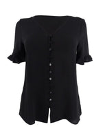 CeCe Sportswear Women's 3/4 Sleeve Ruffled Button Blouse, Rich Black, S