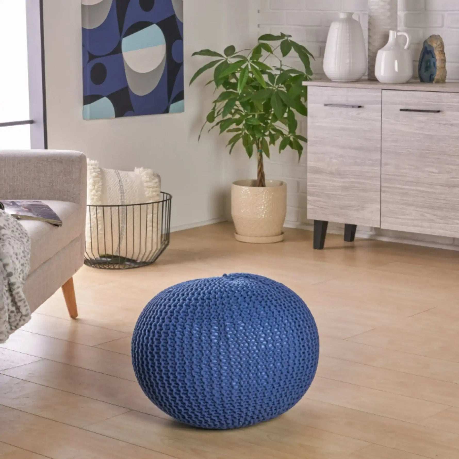 Bordeaux Knitted Cotton Round Pouf - Versatile Ottoman and Floor Cushion