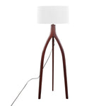 Wishbone Contemporary Floor Lamp in Walnut Wood with White Fabric Shade