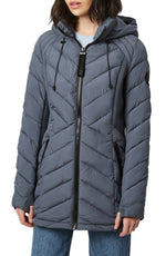 Bernardo Quilted Neoprene Hooded Puffer Coat in Petrol Blue  Size Small