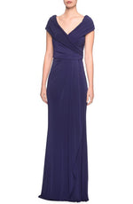 La Femme Ruched Jersey Column Gown in Navy, Size 12