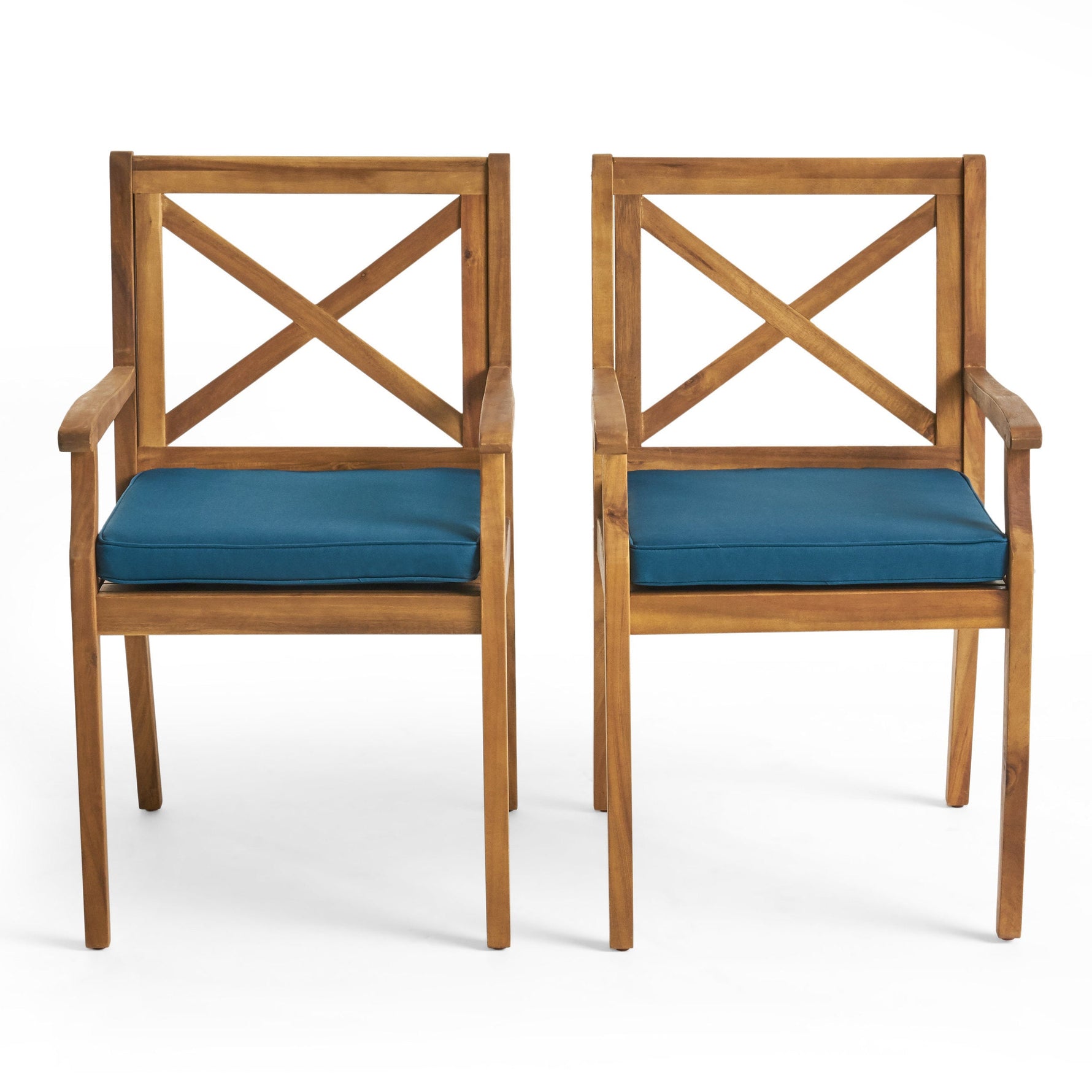 7 Pieces Acacia Wood Outdoor Dining Set with Blue Cushions