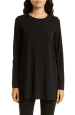 Eileen Fisher Crewneck Long Sleeve Tunic Top in Black, Size X-Large