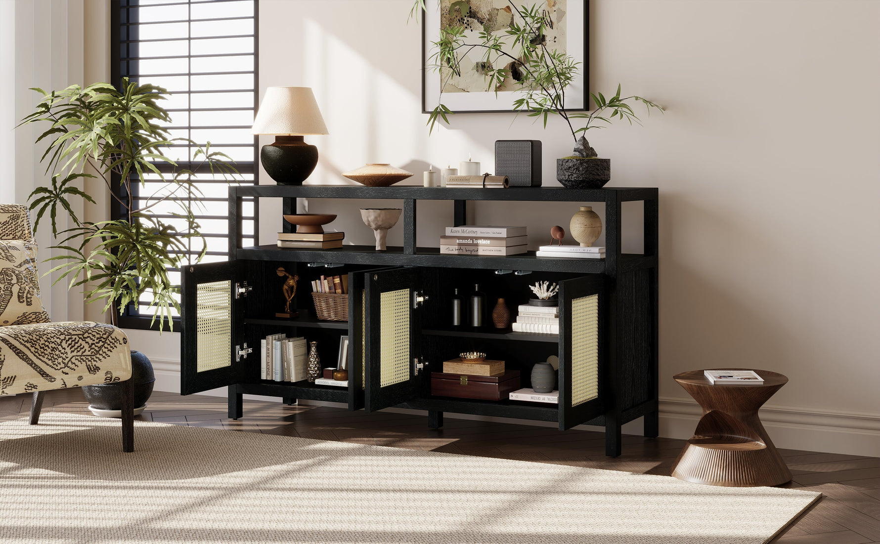 TREXM Bohemian Style Rattan Buffet Storage Cabinet with Solid Wood Frame