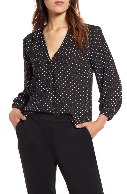 Vince Camuto Polka Dot V-Neck Top in Rich Black, Size Medium