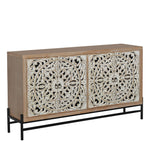 4 Door Wood Cabinet, Vintage Carved Wood with Metal Base
