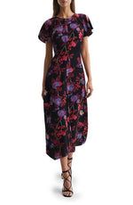 Reiss Leni Floral Flutter Sleeve Midi Dress in Black/Pink, Size 10 Us