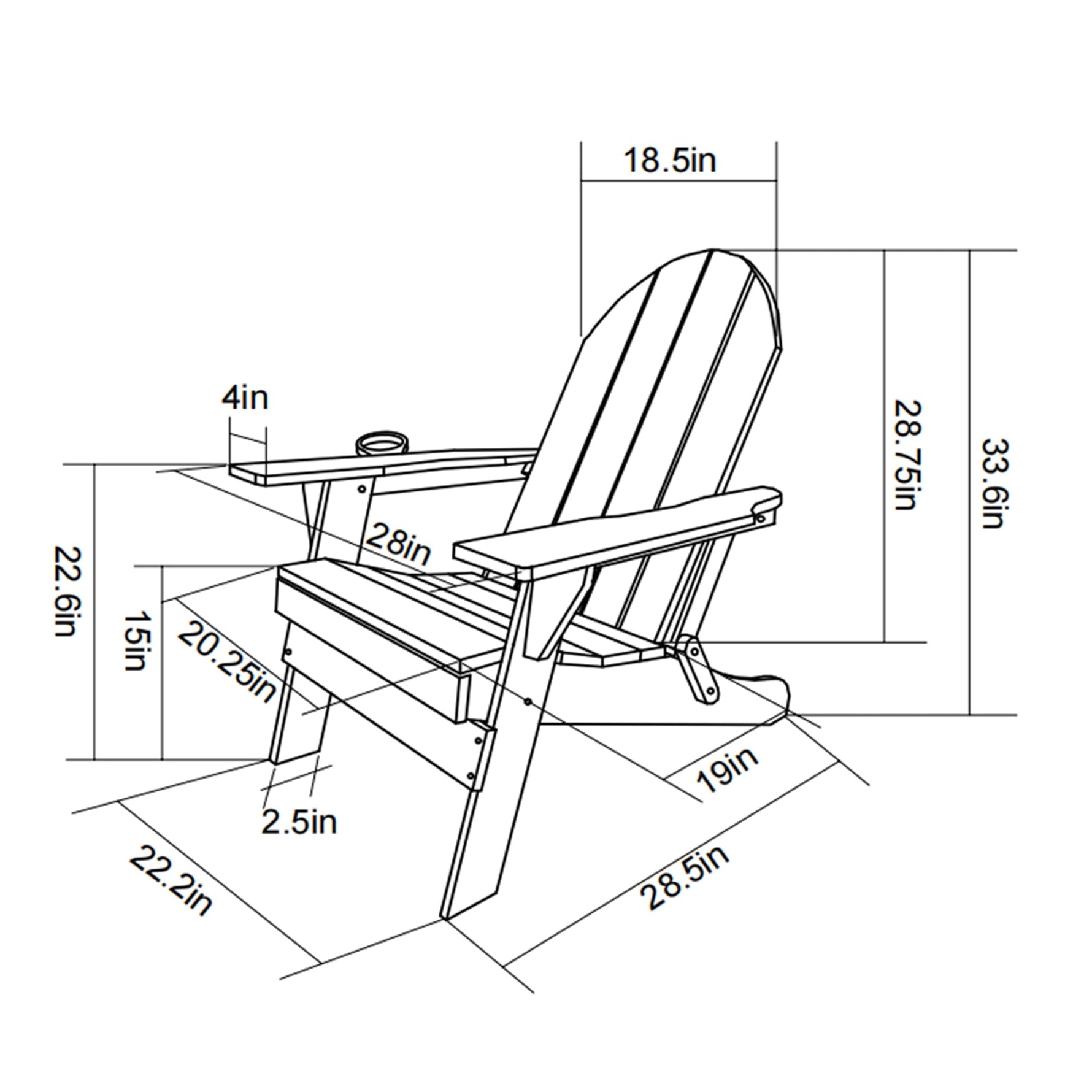 HDPE Folding Adirondack Chair with Dual Cup Holder - Black