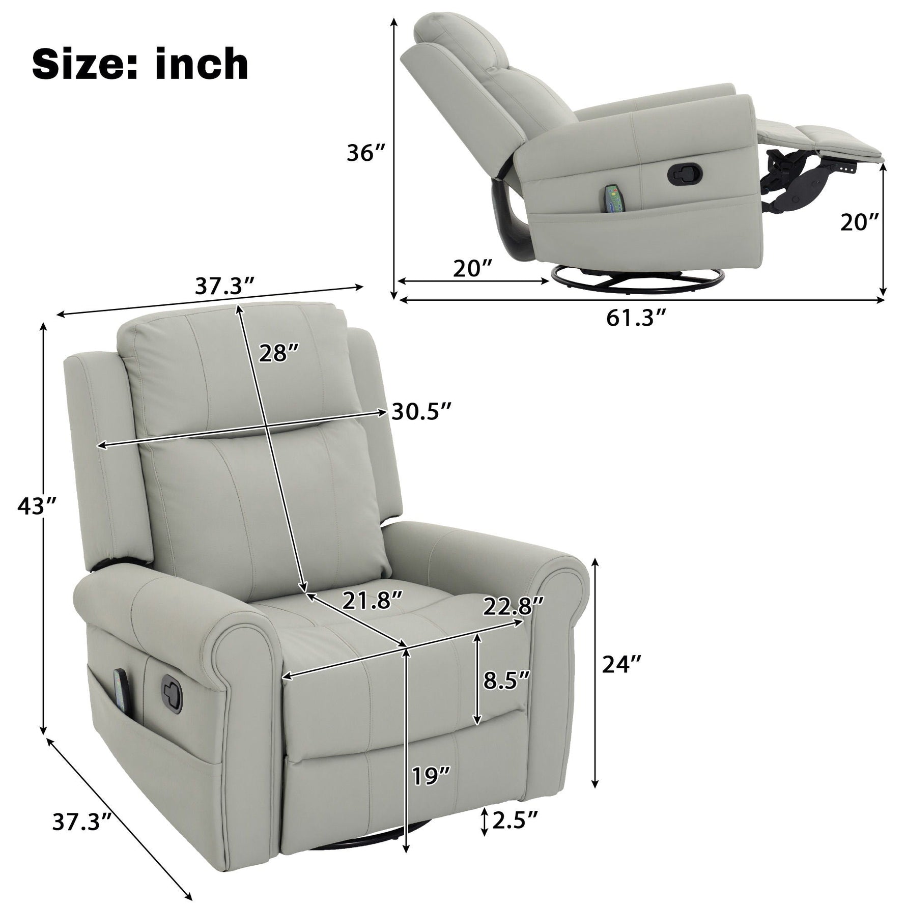 Manual Recliner Chair with 270° Swivel, Massage & Heating