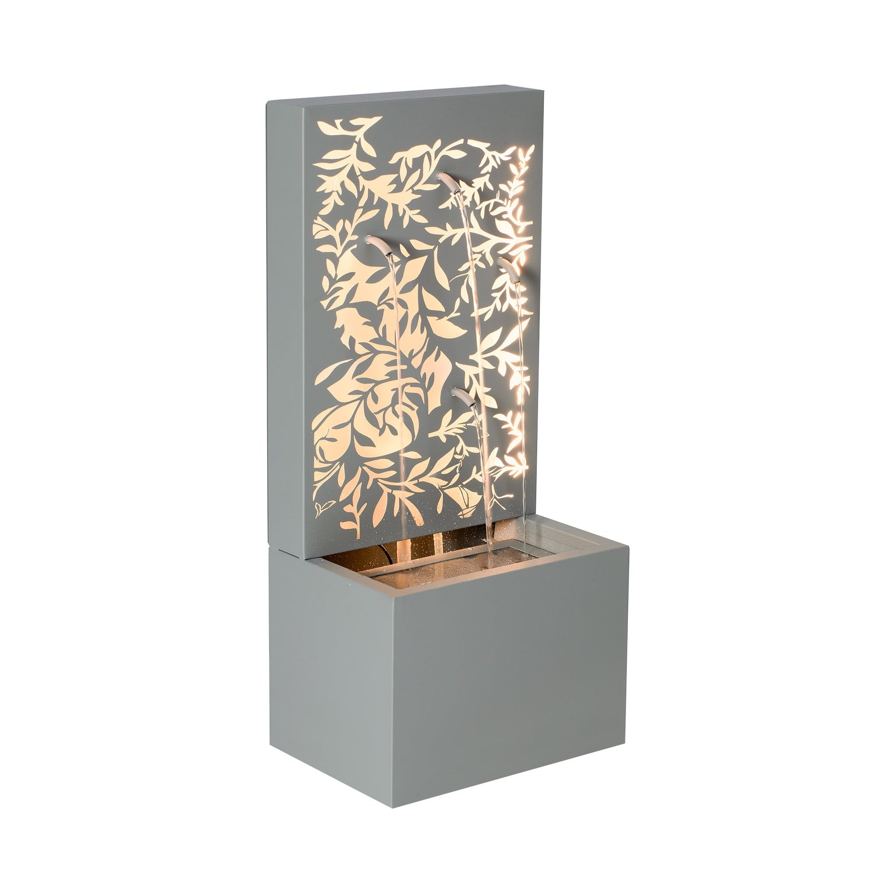 30.71' Light Gray Metal Leaf Cutout Outdoor Water Wall Fountain with LED Lights