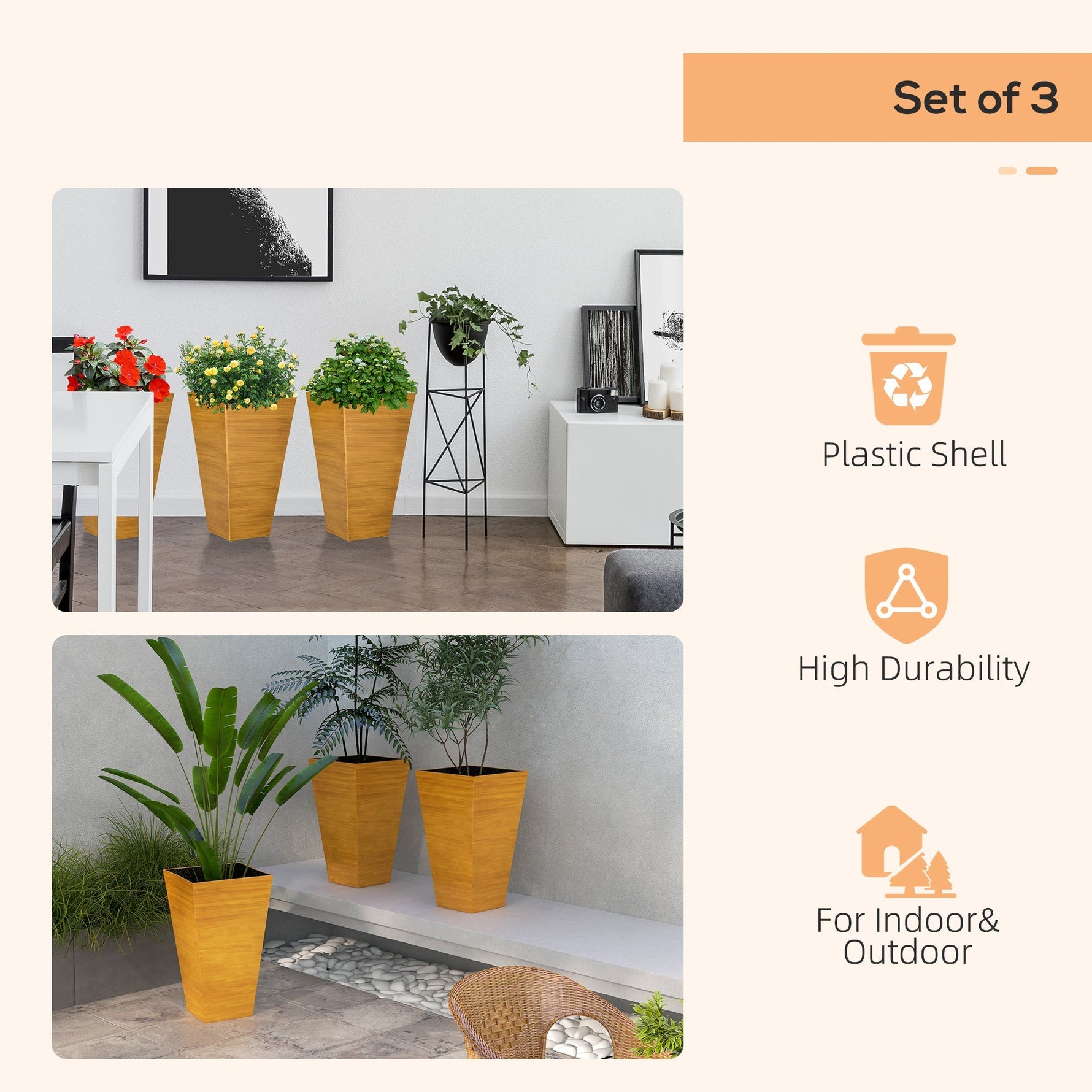 Outsunny 28" Tall Outdoor Planters Set of 3 with Drainage Holes