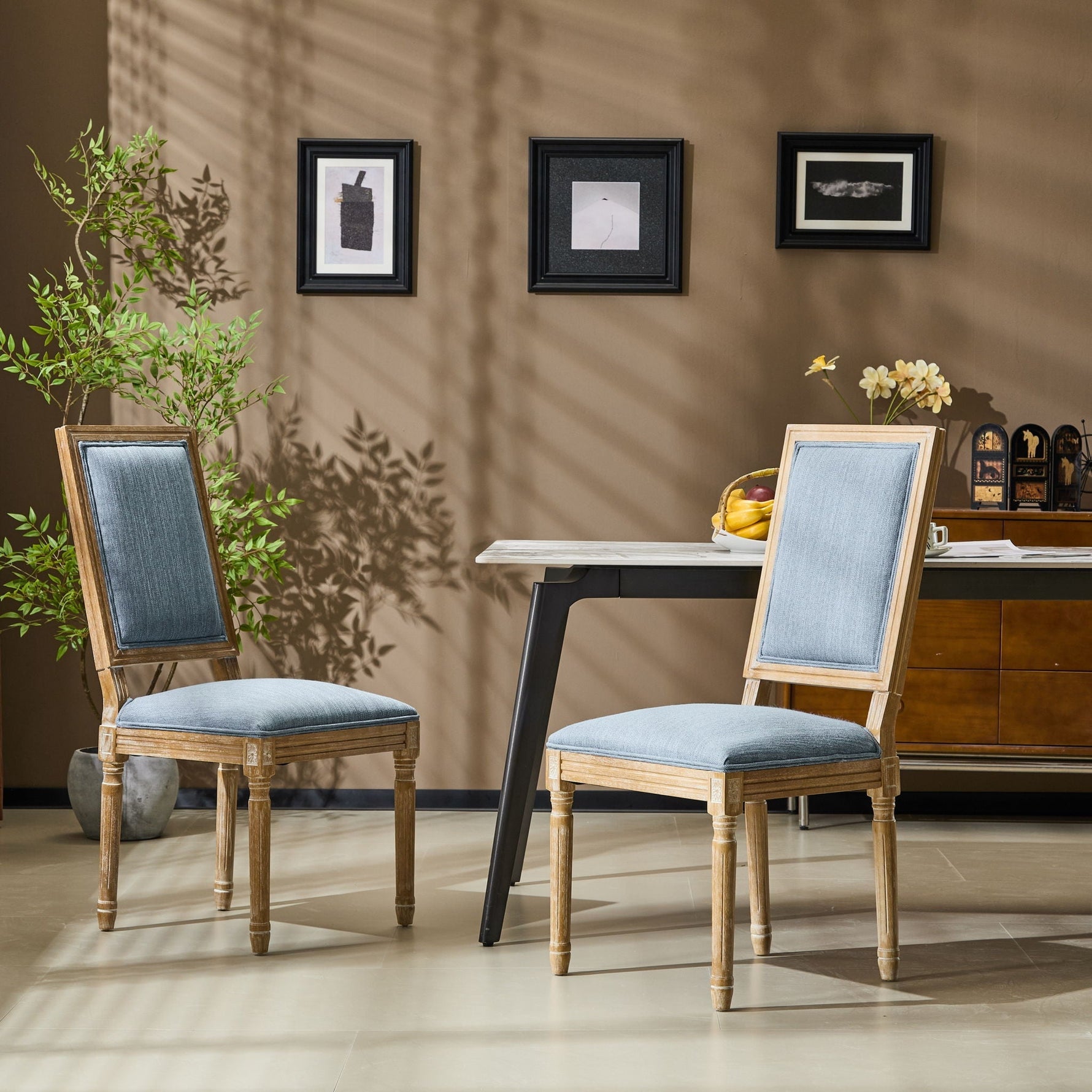 French Country Style Dining Chair with Upholstered Seating and Fluted Legs
