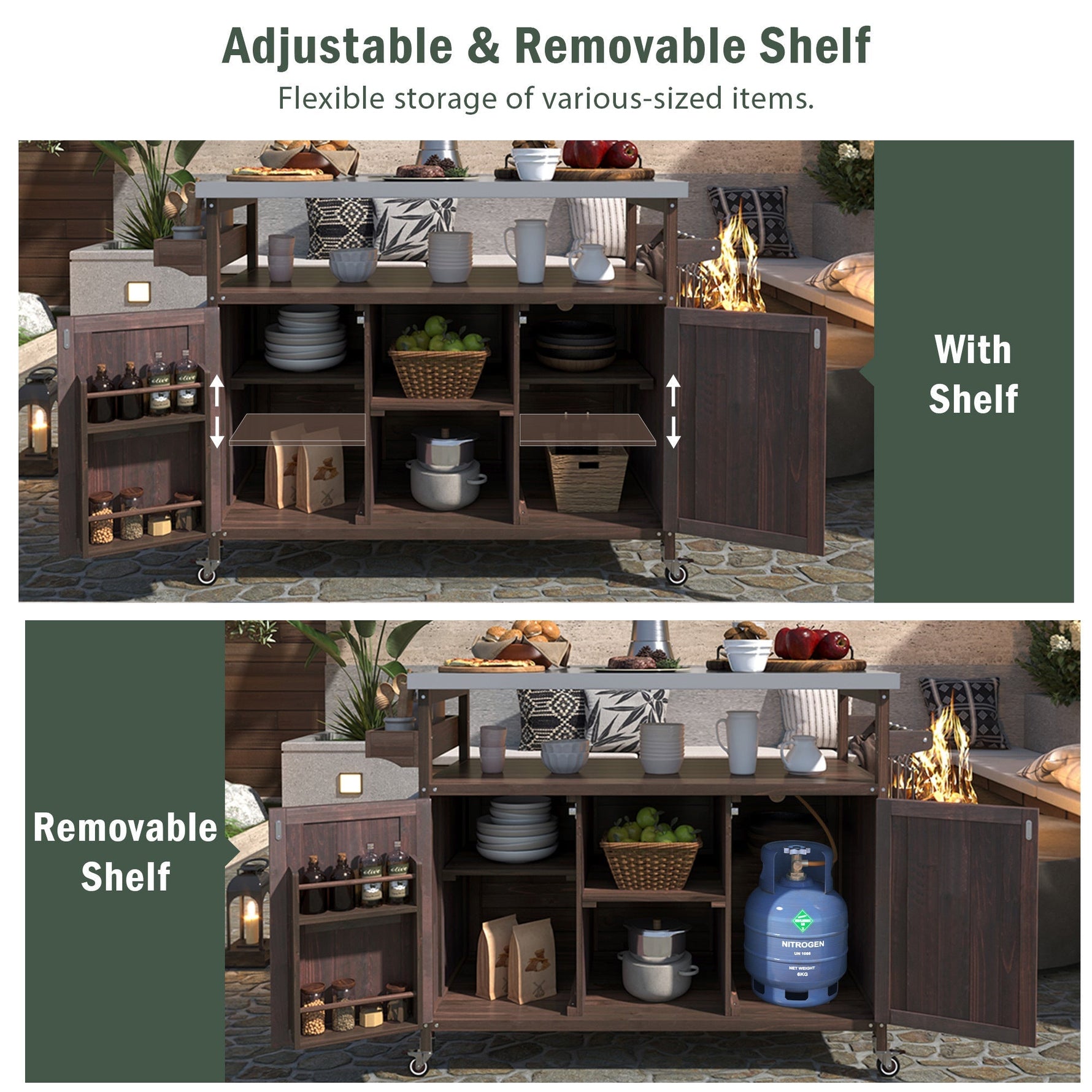 K&K Outdoor Kitchen Island, Rolling Bar Cart & Storage Cabinet