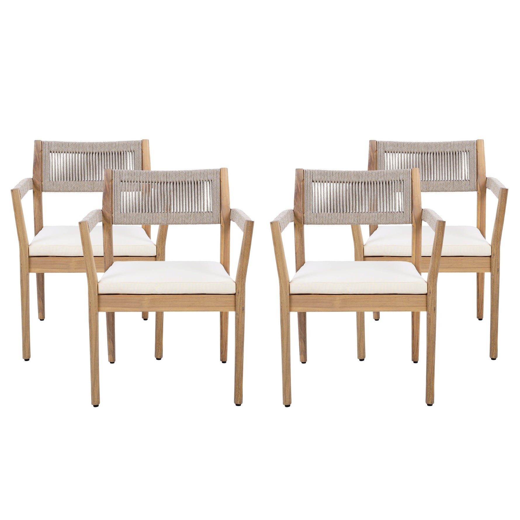 Braided Acacia Wood Outdoor Dining Chairs Set of 4 – Teak Look with Beige Rope & Cream Cushions