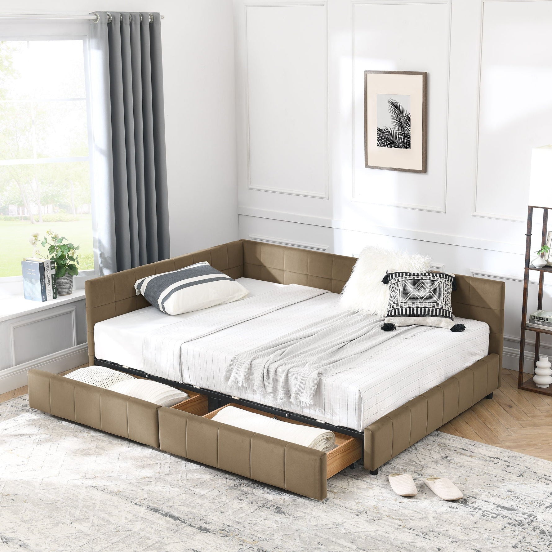 Mid-Century Storage Upholstered Tufted Bed Frame with Backrest and Armrests