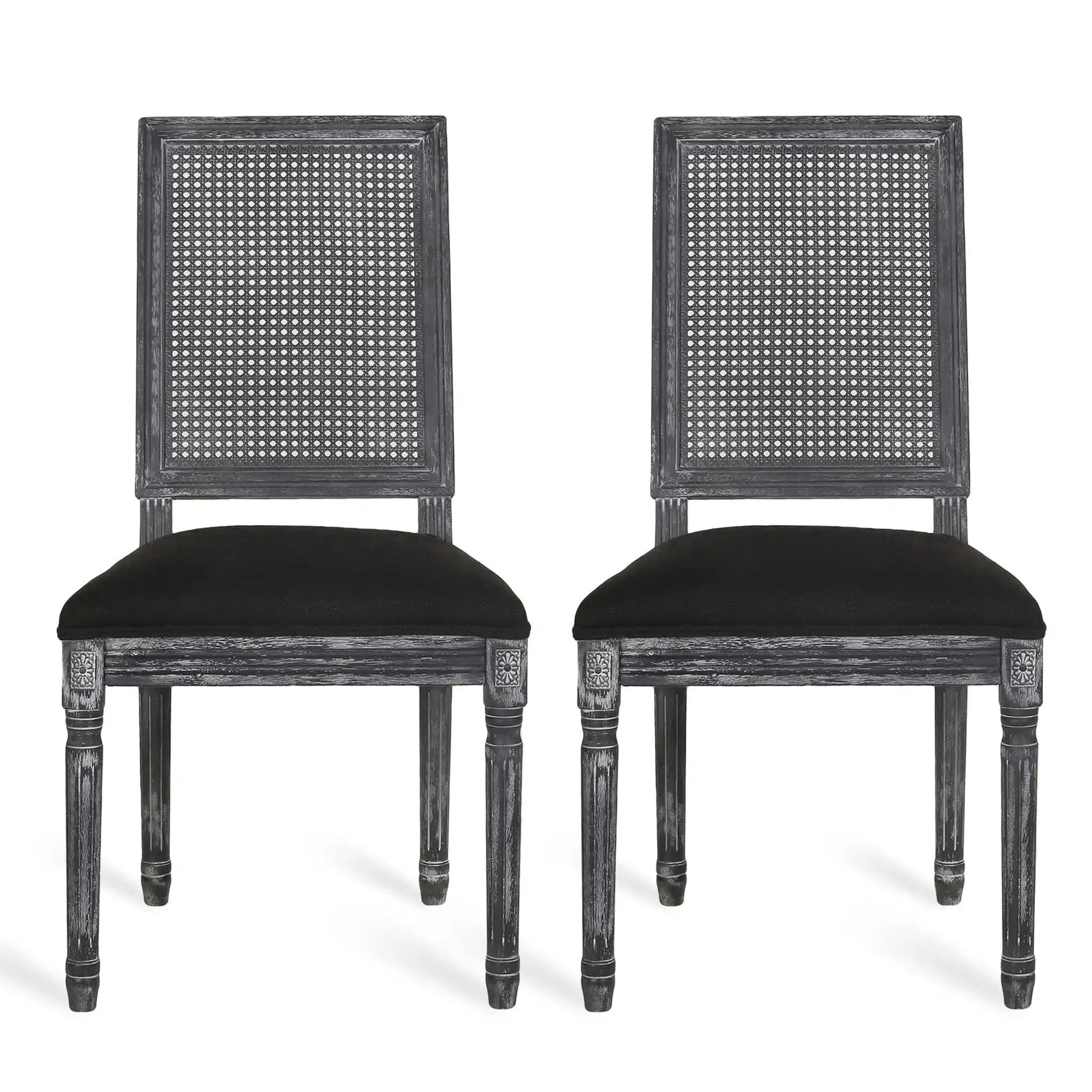 French Country Dining Chair With Rectangular Cane Backrest And Smooth Upholstered Seating