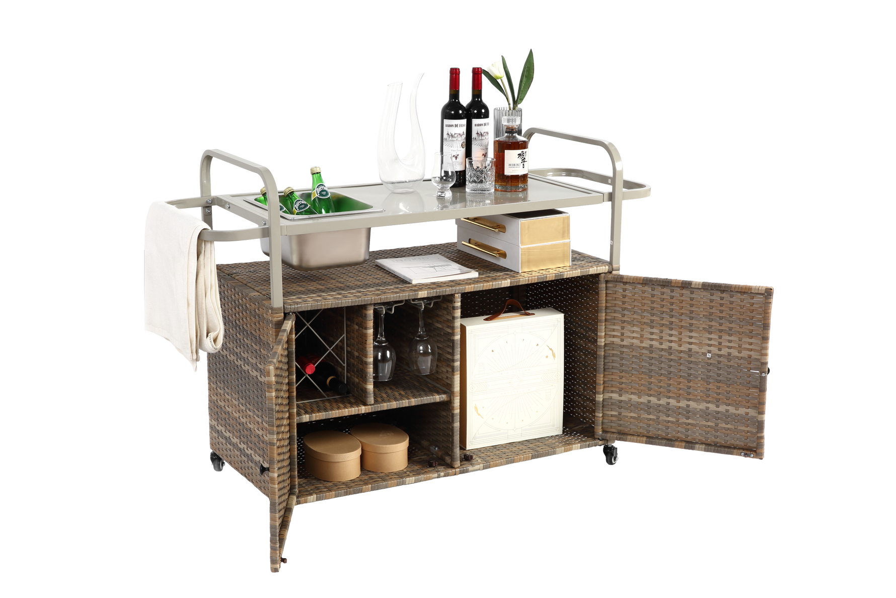 Outdoor Bar Table with Wicker Cabinet and Steel Top