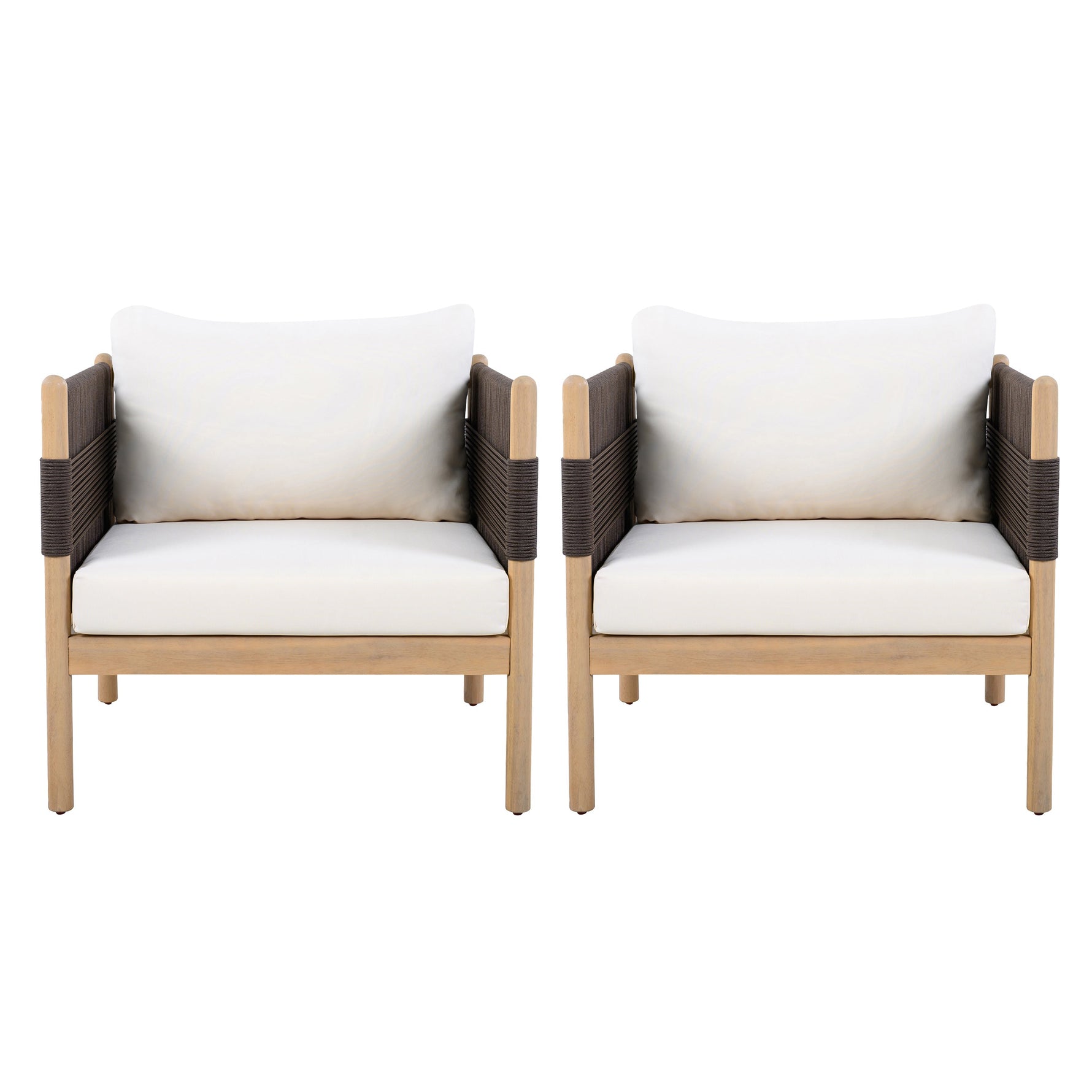 Outdoor Acacia Club Chairs (Set of 2) with Diamond-Pattern Black Rope, Light Teak Finish