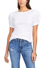 1. STATE Womens White Cotton Ribbed Pouf Sleeve Crew Neck Wear To Work T-Shirt L