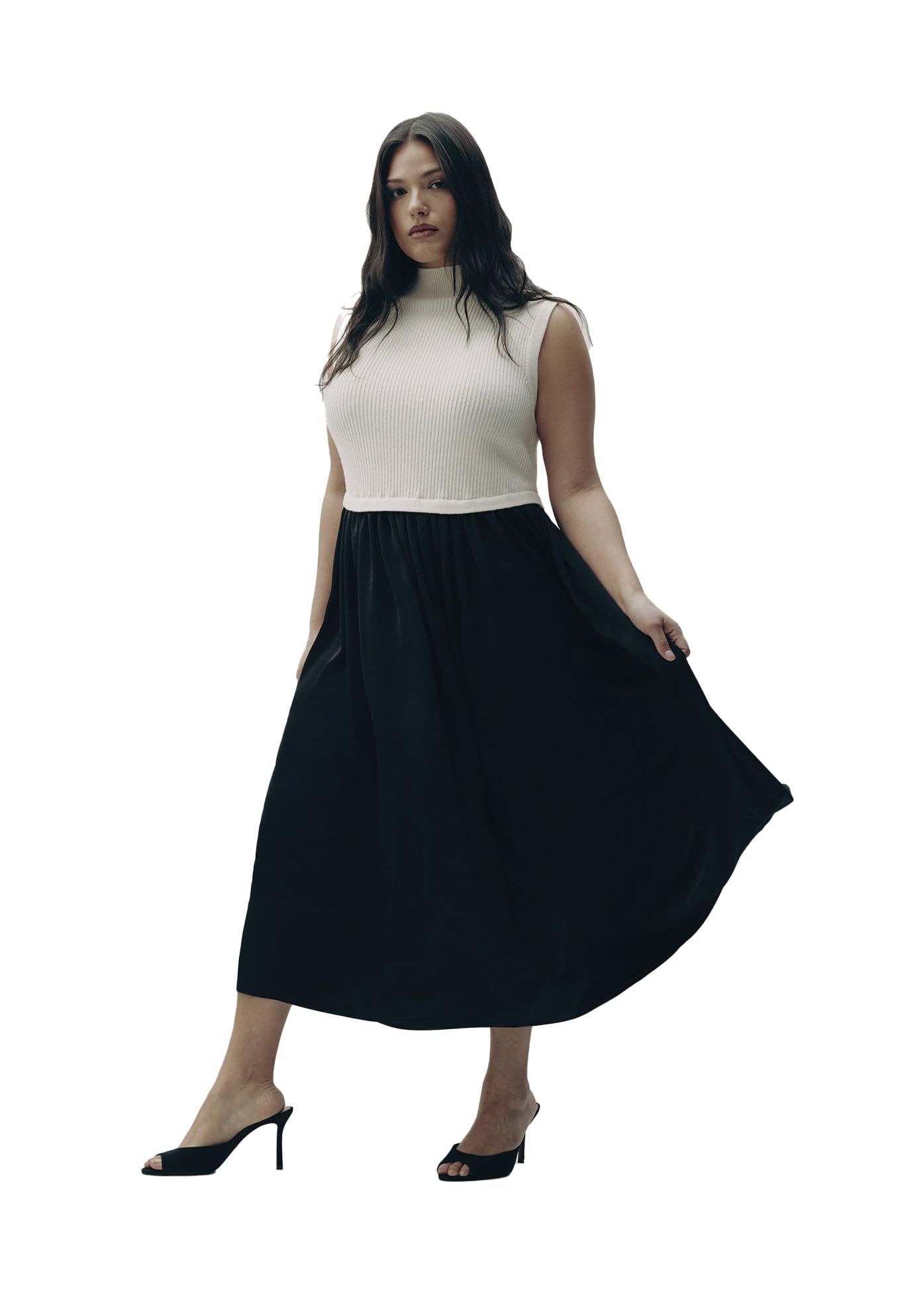 ELOQUII Elements Women's Plus Size Sleevless Mockneck Twofer Midi Dress - 14/16, Black and Cream