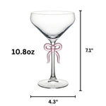 Single Clear Martini Glass with Pink Bow on Stem, One Piece
